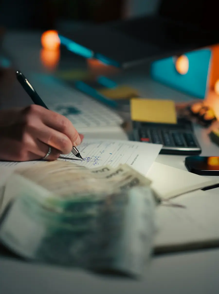 A hand writing figures into a paper ledger beside a calculator and cash.